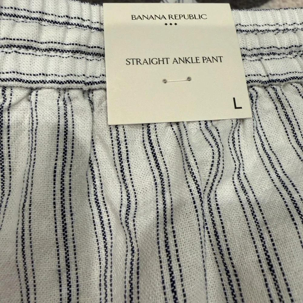 NWT Banana Republic Linen Blend Stripe Pants Large Coastal Drawstring Straight
